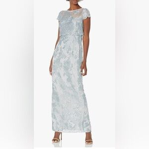 NWT Adriana Papell Embroidered Mesh Popover Gown Mist